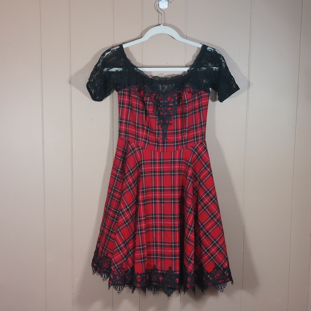 Spin Doctor Plaid Dress Goth Emo Black Red Lace Size Small Gothic Christmas